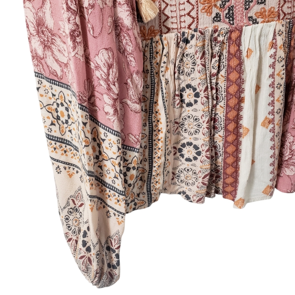 SOLD-American Eagle Pink Patchwork Peasant Top Boho Embroidered Tassel Flare M - Picture 5 of 16
